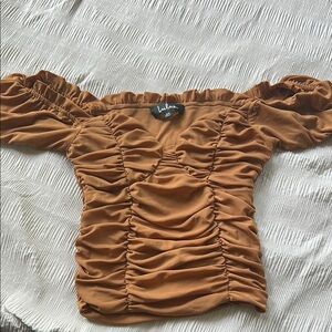 Lulu's Brown Ruched Off-the-Shoulder Blouse